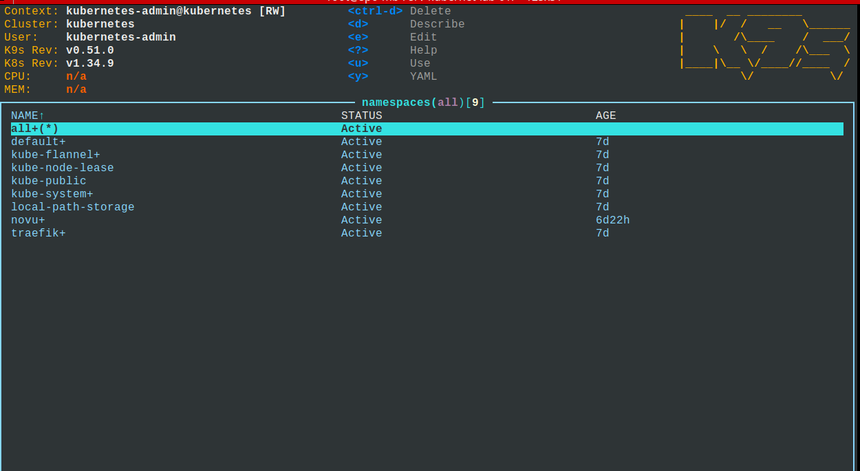 K9s conectado ao cluster após o primeiro boot